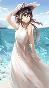 Preview wallpaper girl, neko, hat, sea, anime