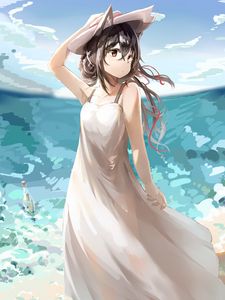 Preview wallpaper girl, neko, hat, sea, anime