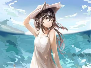 Preview wallpaper girl, neko, hat, sea, anime