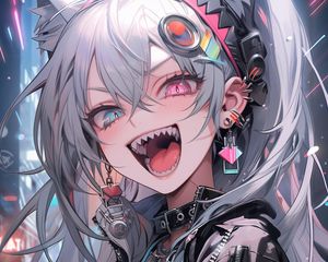 Preview wallpaper girl, neko, heterochromia, anime, art, piercing