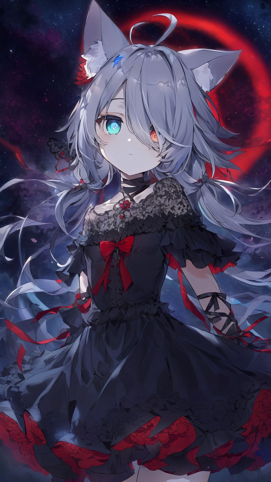 938x1668 Wallpaper girl, neko, heterochromia, anime, art, dress
