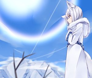 Preview wallpaper girl, neko, hood, anime, white