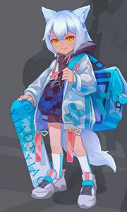 Preview wallpaper girl, neko, hood, backpack, anime