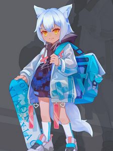 Preview wallpaper girl, neko, hood, backpack, anime