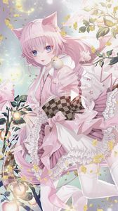 Preview wallpaper girl, neko, kimono, anime, art, pink