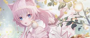 Preview wallpaper girl, neko, kimono, anime, art, pink