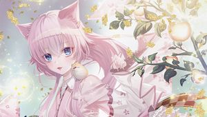 Preview wallpaper girl, neko, kimono, anime, art, pink