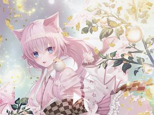 Preview wallpaper girl, neko, kimono, anime, art, pink