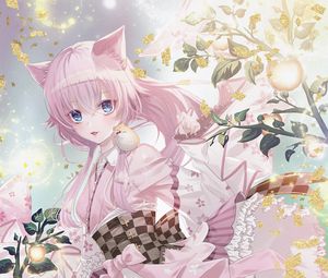 Preview wallpaper girl, neko, kimono, anime, art, pink