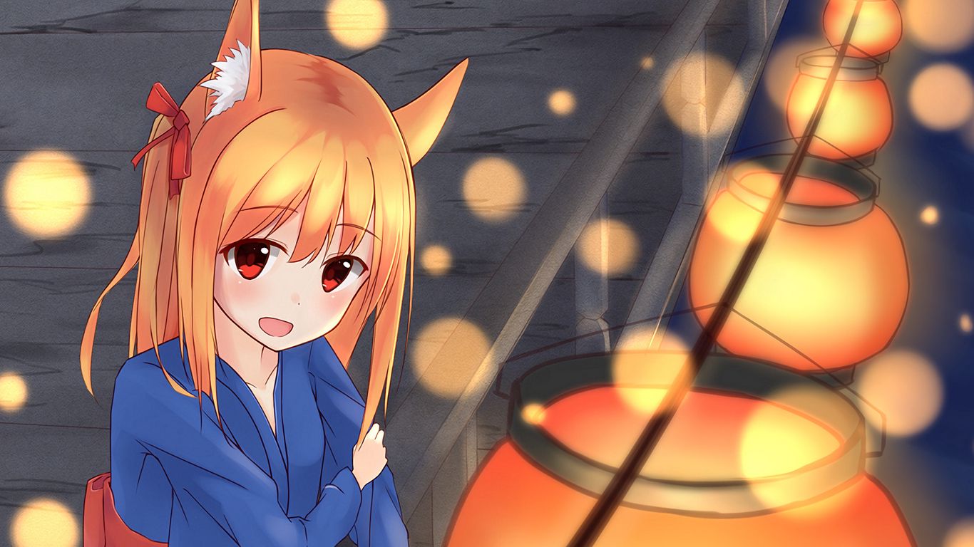 Download wallpaper 1366x768 girl, neko, kimono, bokeh, anime tablet