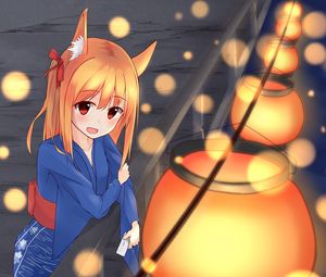 Preview wallpaper girl, neko, kimono, bokeh, anime