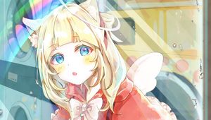 Preview wallpaper girl, neko, laundry, glass, drops, anime