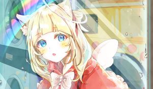 Preview wallpaper girl, neko, laundry, glass, drops, anime