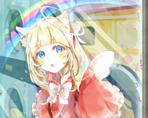 Preview wallpaper girl, neko, laundry, glass, drops, anime