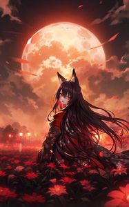 Preview wallpaper girl, neko, moon, flowers, field, anime