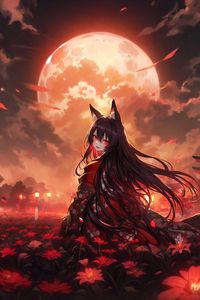 Preview wallpaper girl, neko, moon, flowers, field, anime