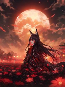 Preview wallpaper girl, neko, moon, flowers, field, anime