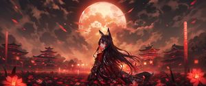 Preview wallpaper girl, neko, moon, flowers, field, anime