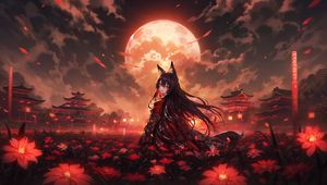 Preview wallpaper girl, neko, moon, flowers, field, anime
