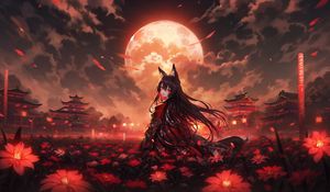 Preview wallpaper girl, neko, moon, flowers, field, anime