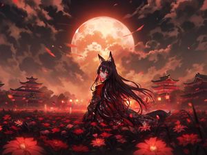 Preview wallpaper girl, neko, moon, flowers, field, anime