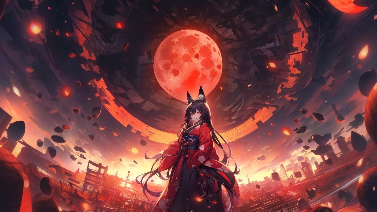 Wallpaper girl, neko, moon, planet, anime, art