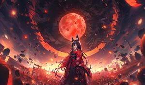 Preview wallpaper girl, neko, moon, planet, anime, art