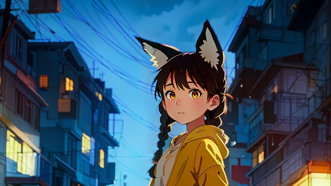 Wallpaper girl, neko, road, buildings, anime