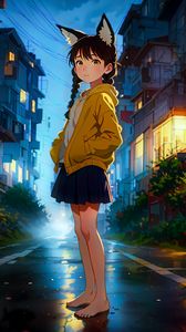 Preview wallpaper girl, neko, road, buildings, anime
