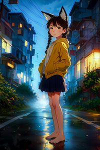 Preview wallpaper girl, neko, road, buildings, anime