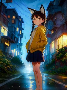 Preview wallpaper girl, neko, road, buildings, anime