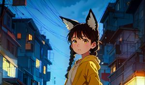 Preview wallpaper girl, neko, road, buildings, anime