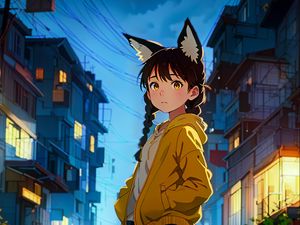 Preview wallpaper girl, neko, road, buildings, anime