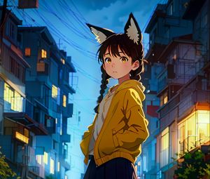 Preview wallpaper girl, neko, road, buildings, anime