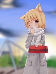 Preview wallpaper girl, neko, scarf, gift, anime