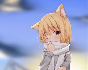 Preview wallpaper girl, neko, scarf, gift, anime