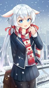 Preview wallpaper girl, neko, scarf, snow, anime