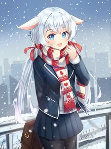 Preview wallpaper girl, neko, scarf, snow, anime