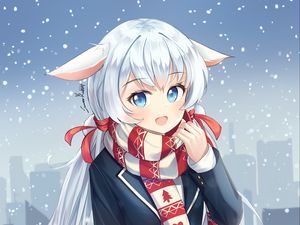 Preview wallpaper girl, neko, scarf, snow, anime