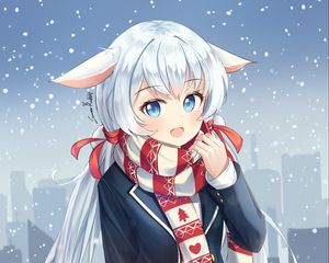 Preview wallpaper girl, neko, scarf, snow, anime