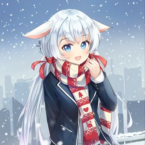 Preview wallpaper girl, neko, scarf, snow, anime
