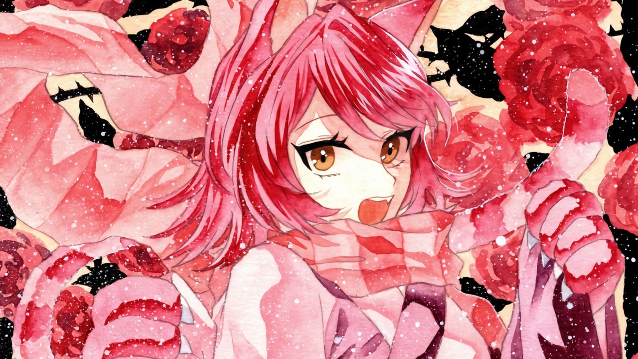 Wallpaper girl, neko, scarf, snow, watercolor, anime, pink