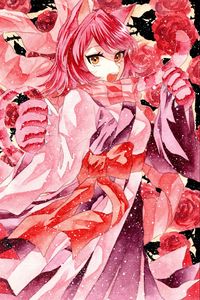 Preview wallpaper girl, neko, scarf, snow, watercolor, anime, pink