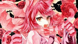 Preview wallpaper girl, neko, scarf, snow, watercolor, anime, pink