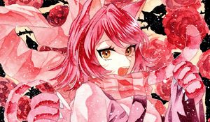 Preview wallpaper girl, neko, scarf, snow, watercolor, anime, pink