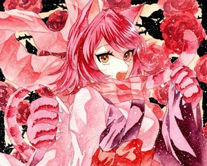 Preview wallpaper girl, neko, scarf, snow, watercolor, anime, pink