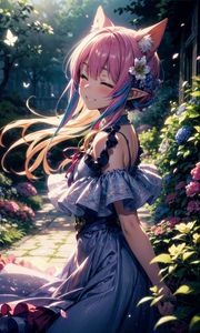 Preview wallpaper girl, neko, smile, garden, flowers, anime, art