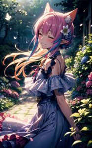 Preview wallpaper girl, neko, smile, garden, flowers, anime, art