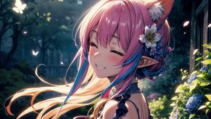 Preview wallpaper girl, neko, smile, garden, flowers, anime, art