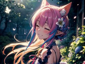 Preview wallpaper girl, neko, smile, garden, flowers, anime, art
